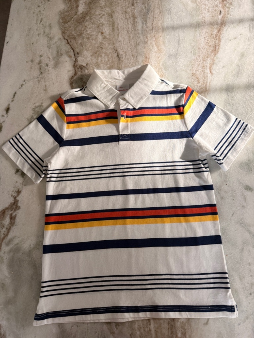 Hanna Andersson White Polo with Navy, Red & Yellow Stripes